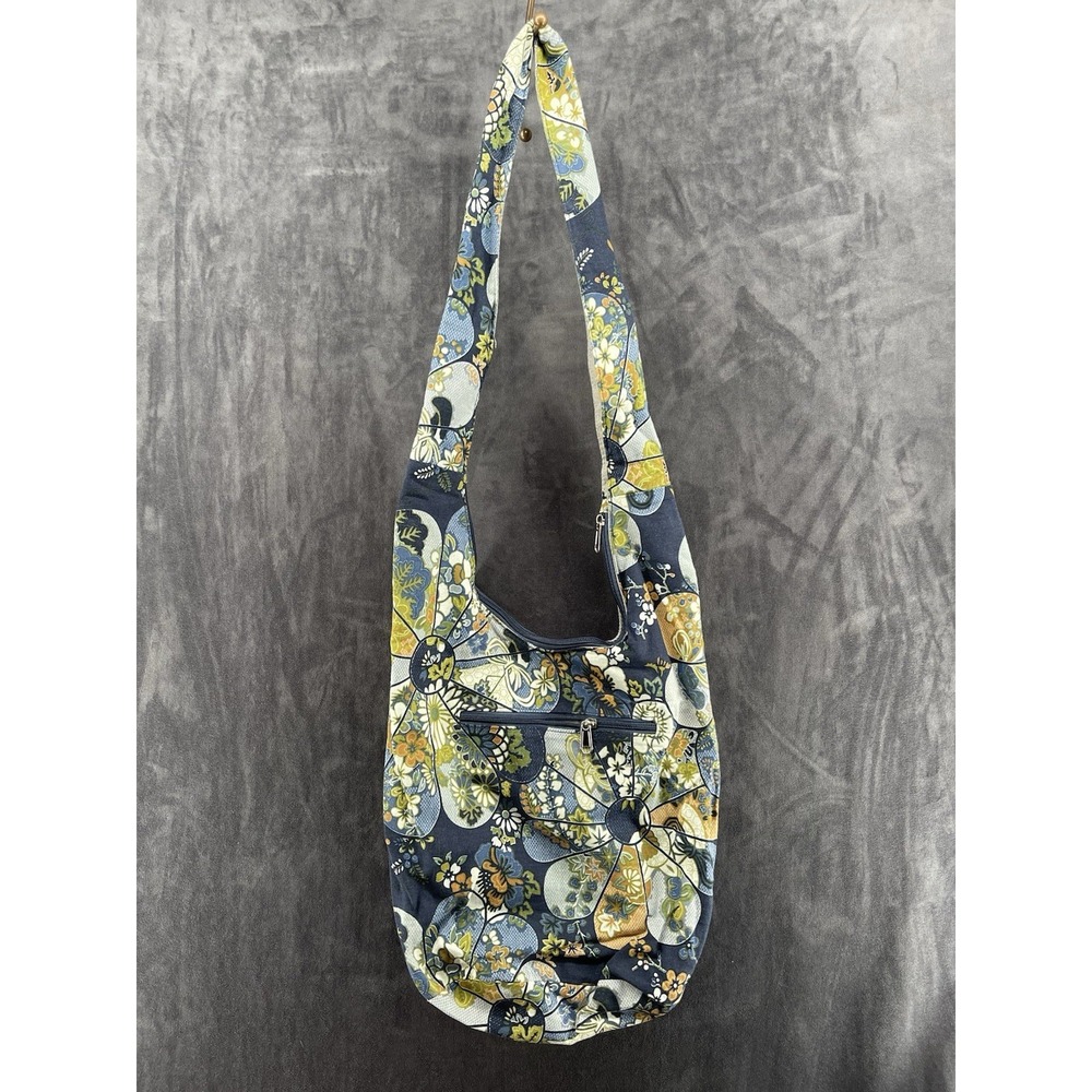 Boho Floral Cotton Sling Crossbody Hobo Bag Blue Hippie Festival Zip Purse